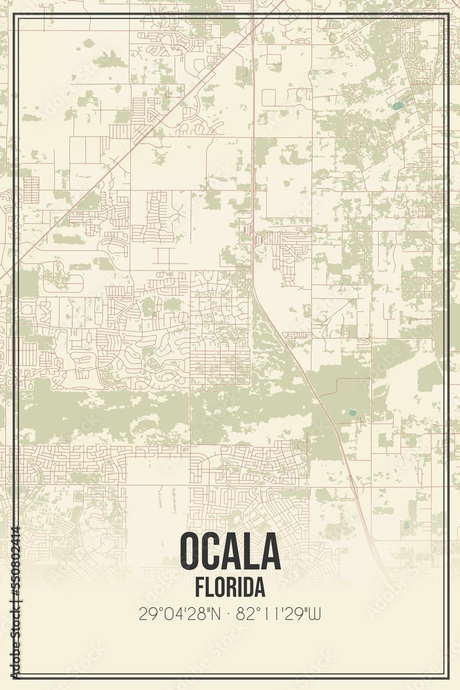 Fototapeta premium Retro US city map of Ocala, Florida. Vintage street map.