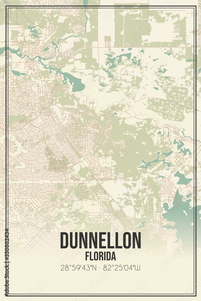 Retro US city map of Dunnellon, Florida. Vintage street map.