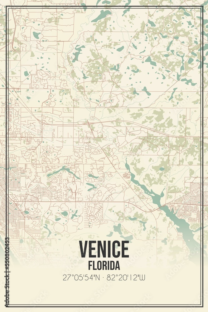 Retro US city map of Venice, Florida. Vintage street map.