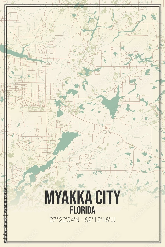 Retro US city map of Myakka City, Florida. Vintage street map.