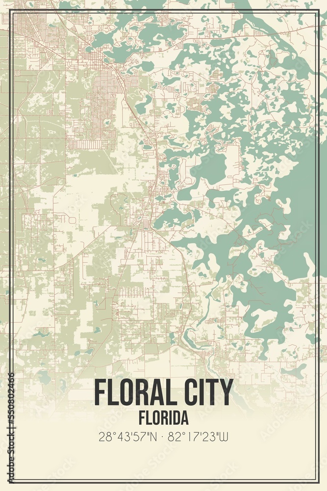 Retro US city map of Floral City, Florida. Vintage street map.