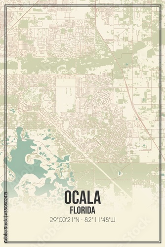 Retro US city map of Ocala  Florida. Vintage street map.
