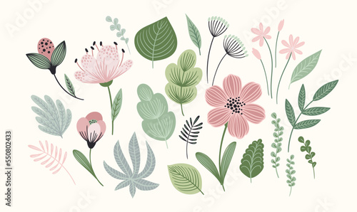 Set of abstract leaves, flowers and grass. Clipart, isolated elements. Vector