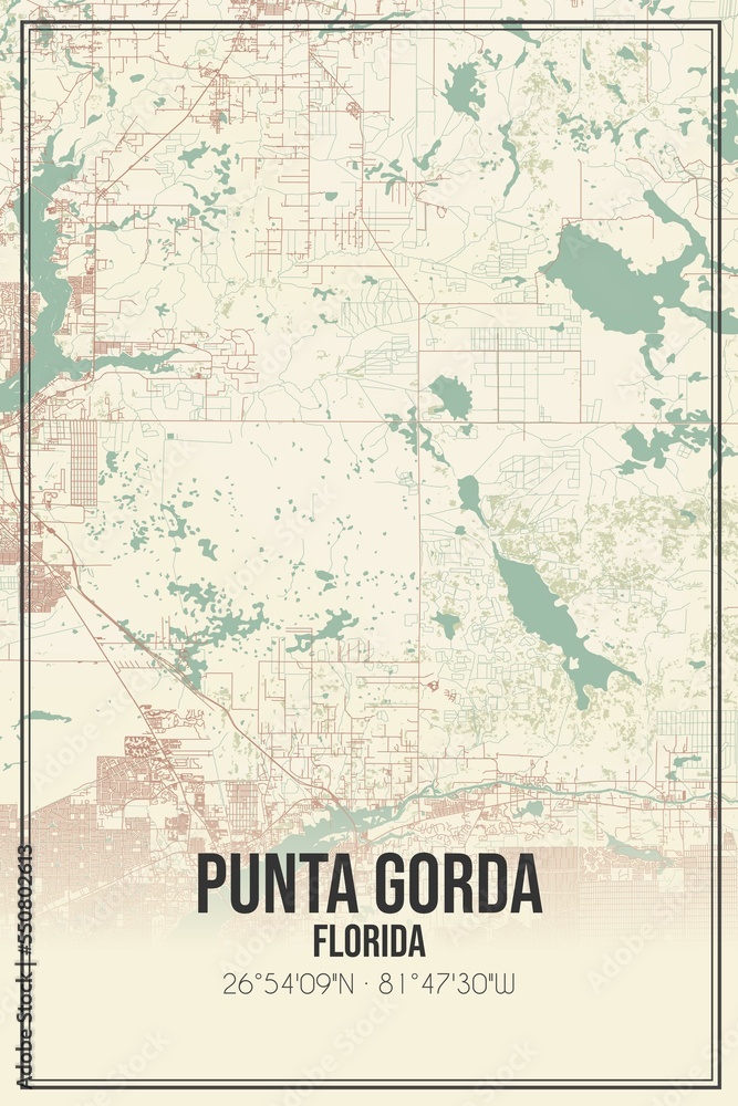 Retro US city map of Punta Gorda, Florida. Vintage street map.