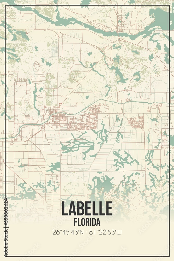 Retro US city map of Labelle, Florida. Vintage street map.