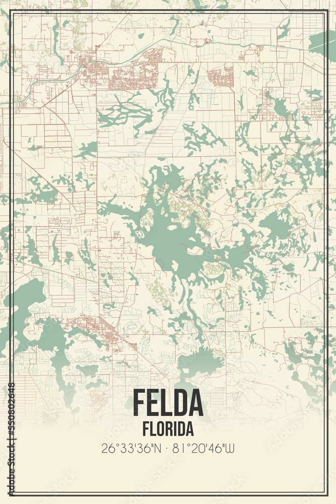 Retro US city map of Felda, Florida. Vintage street map.