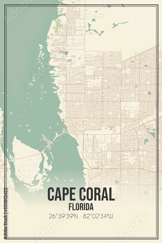 Retro US city map of Cape Coral, Florida. Vintage street map. photo