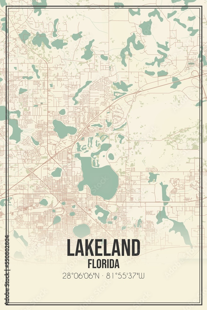 Retro US city map of Lakeland, Florida. Vintage street map.