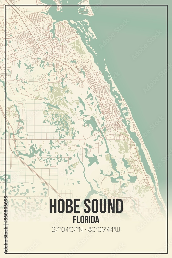 Fototapeta premium Retro US city map of Hobe Sound, Florida. Vintage street map.