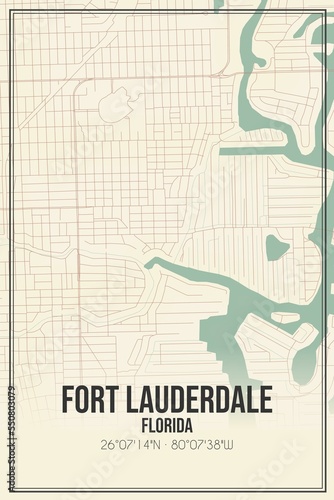 Retro US city map of Fort Lauderdale, Florida. Vintage street map.