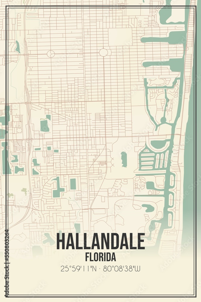 Retro US city map of Hallandale, Florida. Vintage street map.