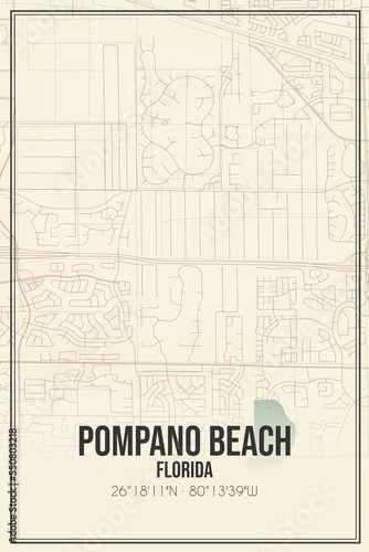 Retro US city map of Pompano Beach, Florida. Vintage street map.