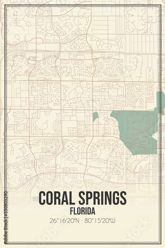 Retro US city map of Coral Springs, Florida. Vintage street map. photo