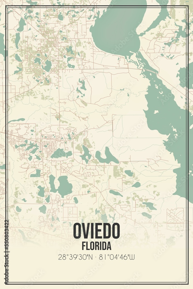 Fototapeta premium Retro US city map of Oviedo, Florida. Vintage street map.