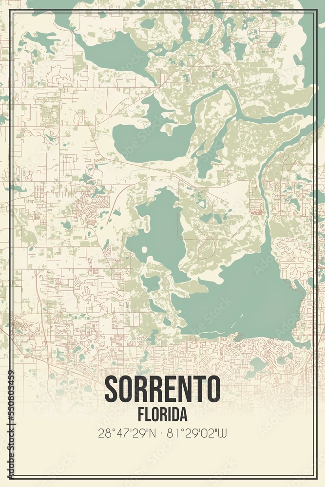Retro US city map of Sorrento, Florida. Vintage street map.