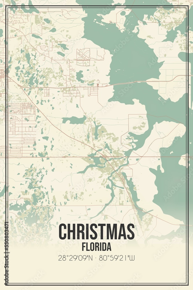 Retro US city map of Christmas, Florida. Vintage street map.