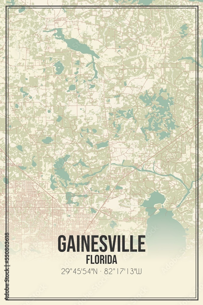 Retro US city map of Gainesville, Florida. Vintage street map.