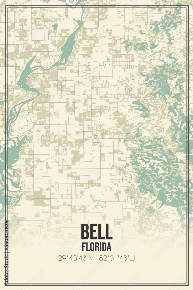 Fototapeta premium Retro US city map of Bell, Florida. Vintage street map.