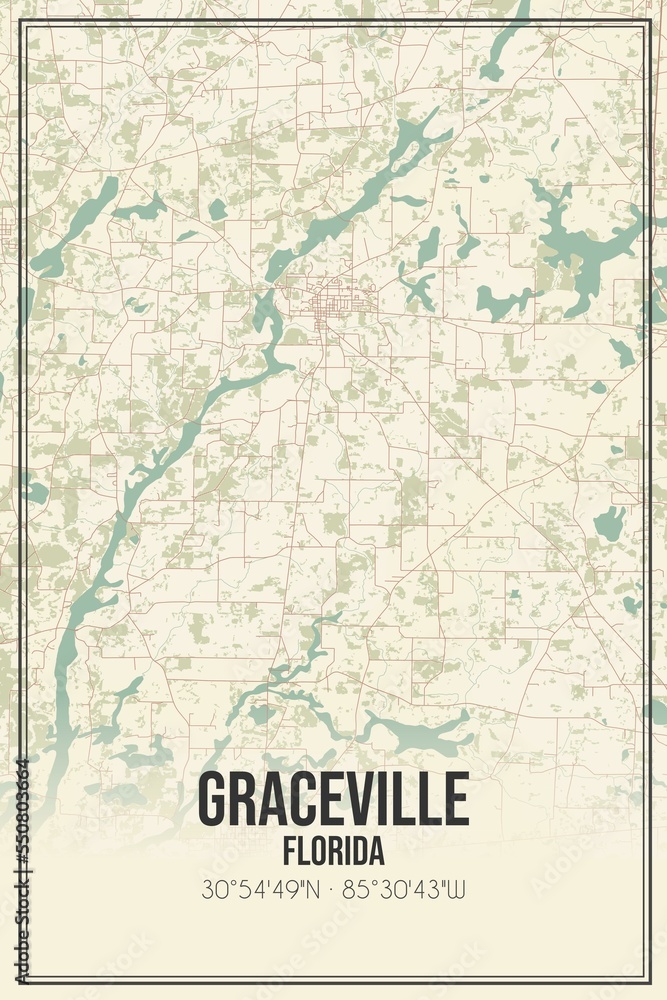 Retro US city map of Graceville, Florida. Vintage street map.