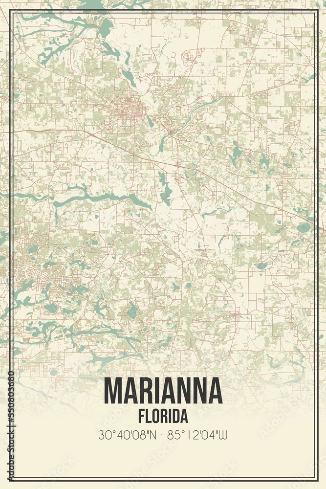 Retro US city map of Marianna, Florida. Vintage street map.
