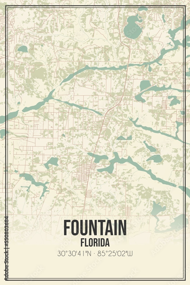 Retro US city map of Fountain, Florida. Vintage street map.