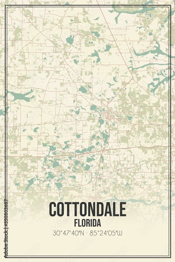 Retro US city map of Cottondale, Florida. Vintage street map.
