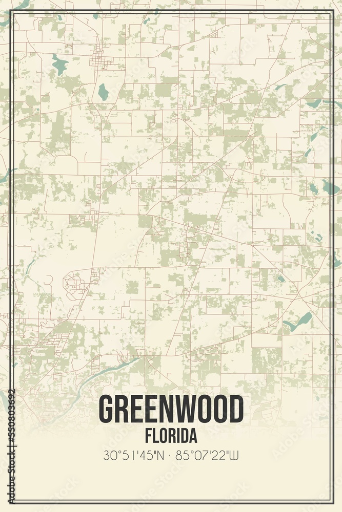 Retro US city map of Greenwood, Florida. Vintage street map.
