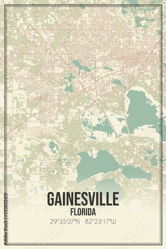 Retro US city map of Gainesville, Florida. Vintage street map. photo