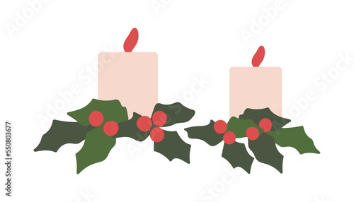 Candles and winterberries decoration for Christmas holiday. Holly red berries and leaf, candlelight for Xmas, winter decor, traditional ornament. Flat vector illustration isolated on white background