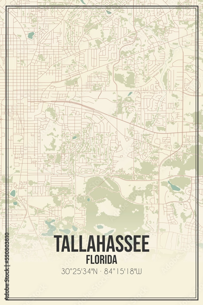 Retro US city map of Tallahassee, Florida. Vintage street map.