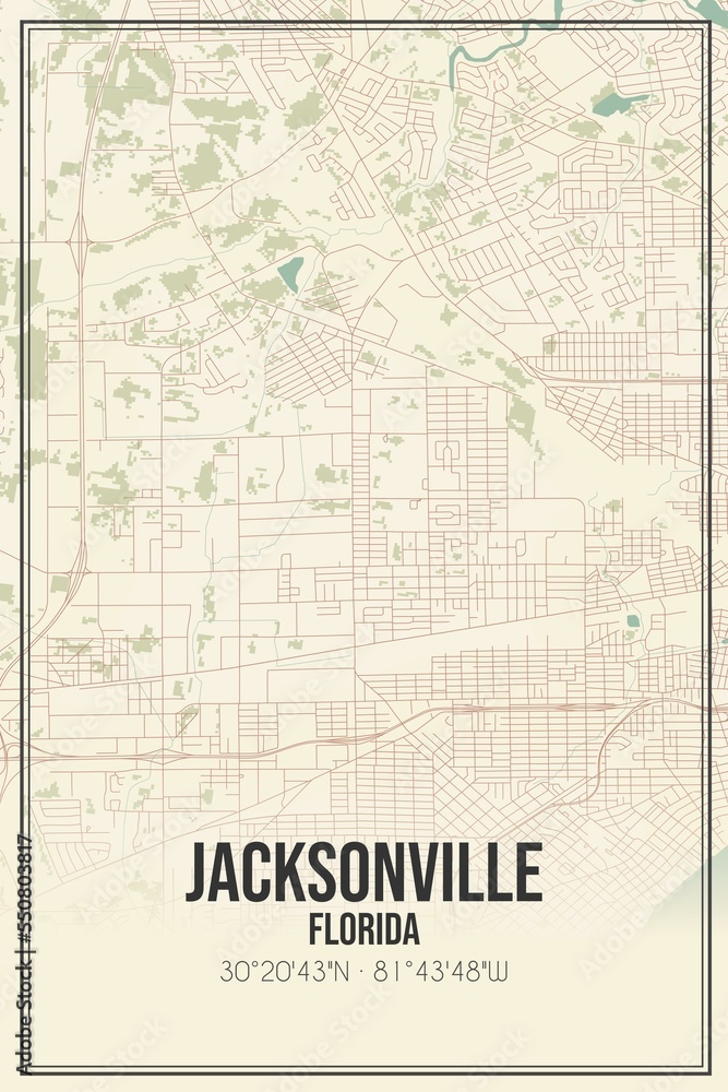 Retro US city map of Jacksonville, Florida. Vintage street map.