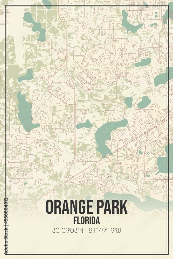 Retro US city map of Orange Park, Florida. Vintage street map.
