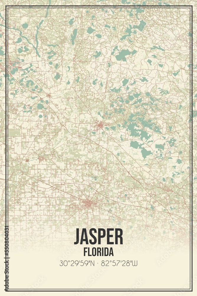 Retro US city map of Jasper, Florida. Vintage street map.