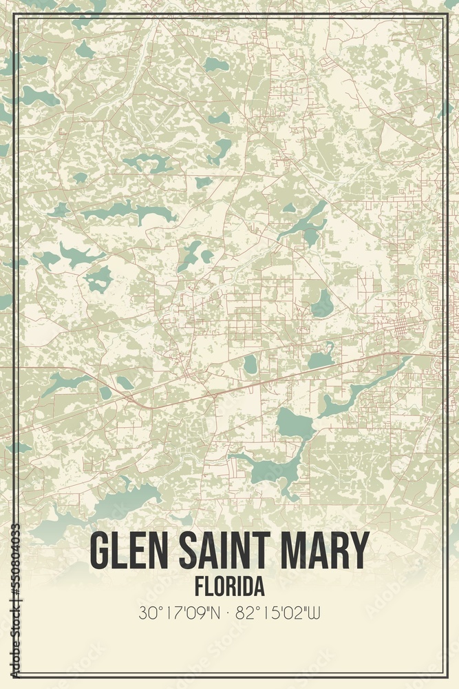 Retro US city map of Glen Saint Mary, Florida. Vintage street map.