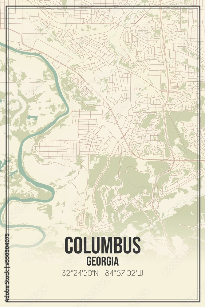 Retro US city map of Columbus, Georgia. Vintage street map.