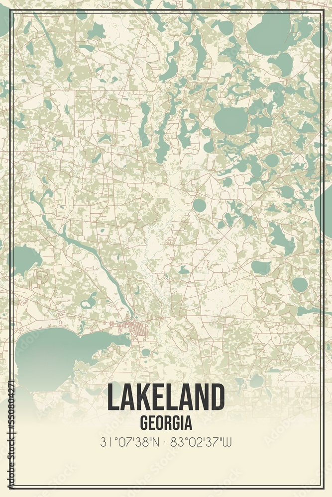 Retro US city map of Lakeland, Georgia. Vintage street map.