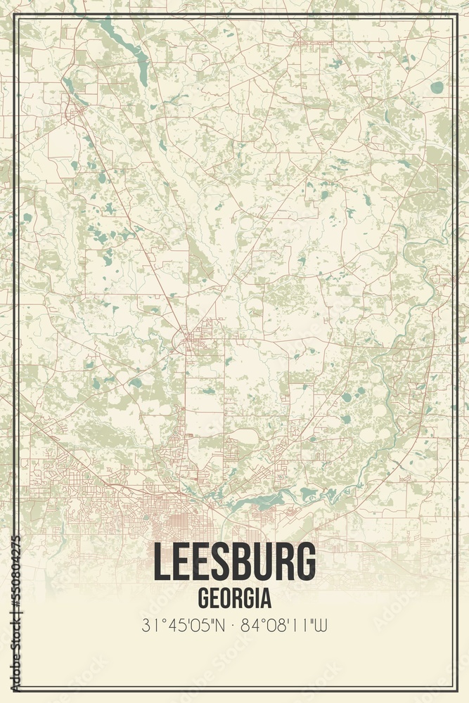 Retro US city map of Leesburg, Georgia. Vintage street map.
