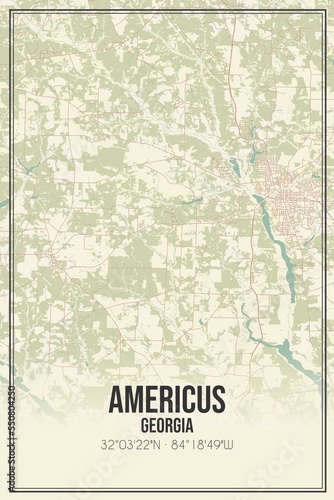 Retro US city map of Americus, Georgia. Vintage street map. photo