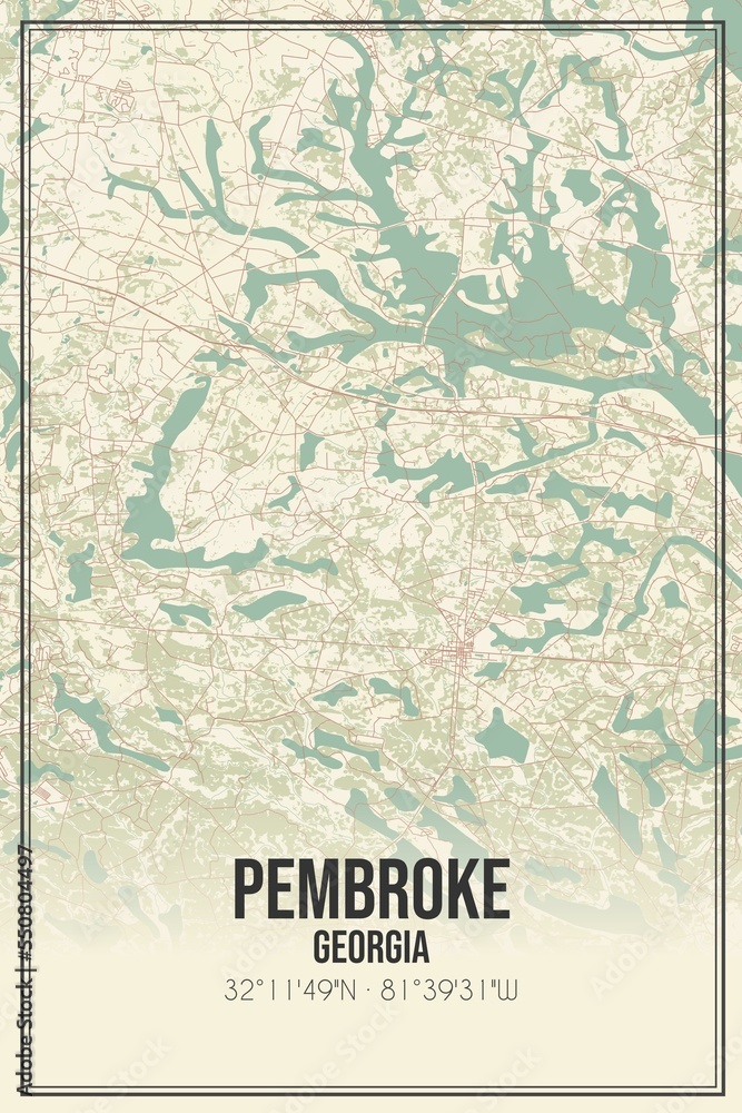 Retro US city map of Pembroke, Georgia. Vintage street map.