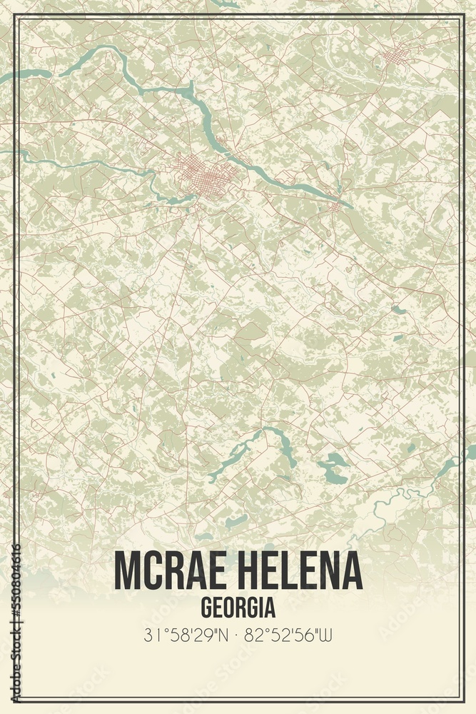 Retro US city map of McRae Helena, Georgia. Vintage street map.