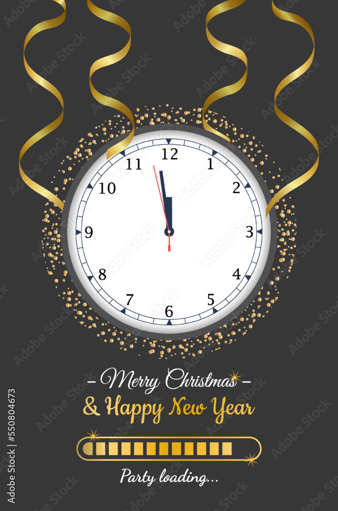 Happy New Year 2023. Golden metallic numbers 2023, gold watch with Roman numeral and countdown midnight with realistic confetti. Loading bar on shimmering background. Vector illustration