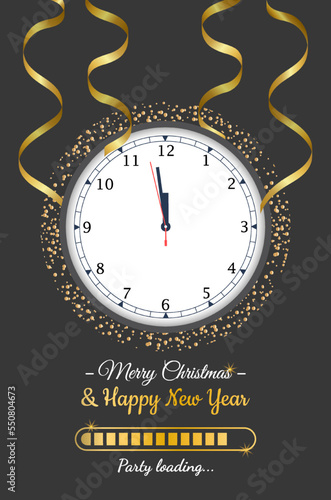 Happy New Year 2023. Golden metallic numbers 2023, gold watch with Roman numeral and countdown midnight with realistic confetti. Loading bar on shimmering background. Vector illustration