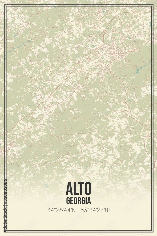 Retro US city map of Alto, Georgia. Vintage street map.