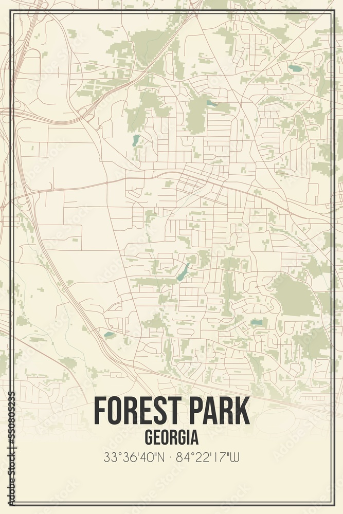 Retro US city map of Forest Park, Georgia. Vintage street map.