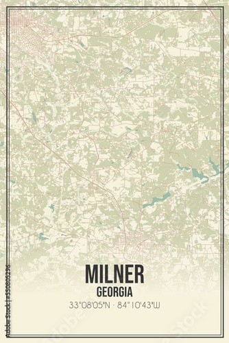 Retro US city map of Milner, Georgia. Vintage street map. photo