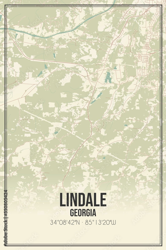 Retro US city map of Lindale, Georgia. Vintage street map.