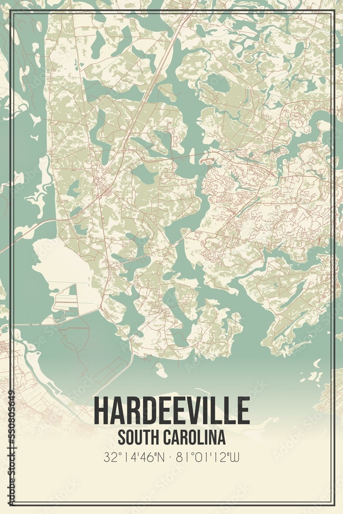 Retro US city map of Hardeeville, South Carolina. Vintage street map.