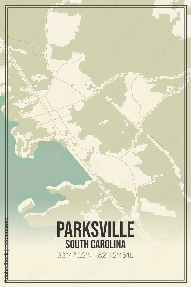 Retro US city map of Parksville, South Carolina. Vintage street map.