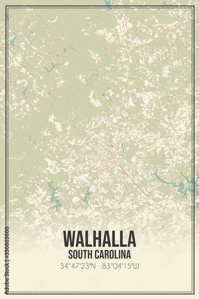 Retro US city map of Walhalla, South Carolina. Vintage street map.