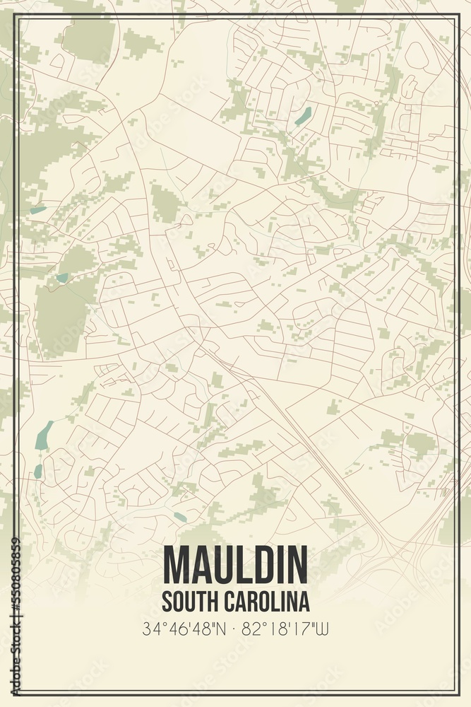 Retro US city map of Mauldin, South Carolina. Vintage street map.